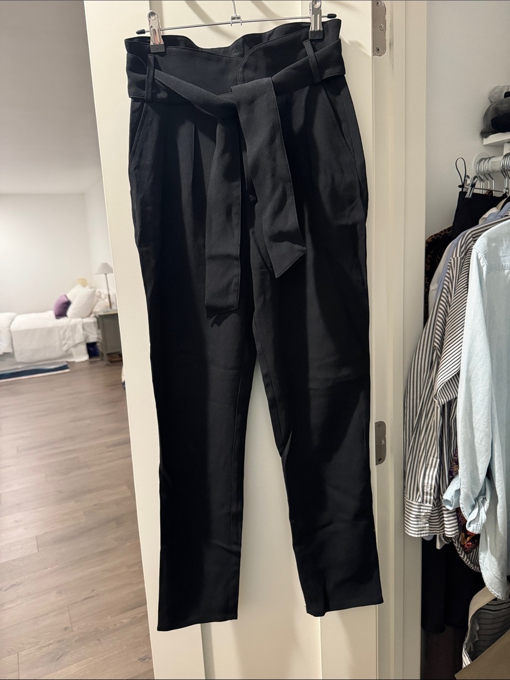 Sezane High-Waist Black Paperbag Trousers with Self Tie Belt